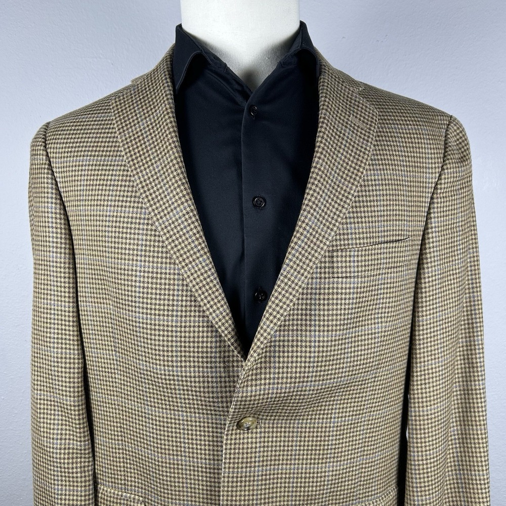 Hart Schaffner Marx 42R Houndstooth Sport Coat Blue Overcheck 2 Button Wool Look